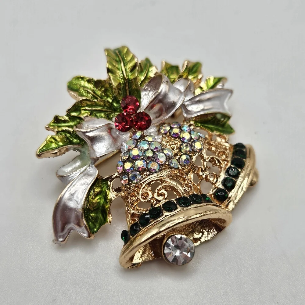 Rhinestone Accent Christmas Holiday Bells Gold Tone Brooch Pin Holiday